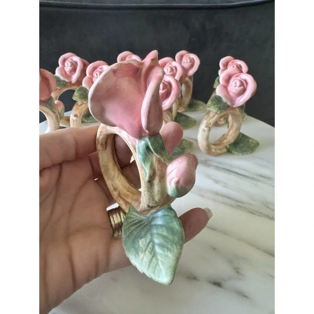 Vintage Fitz & Floyd Blushing Rose Napkin Rings Set Of 10